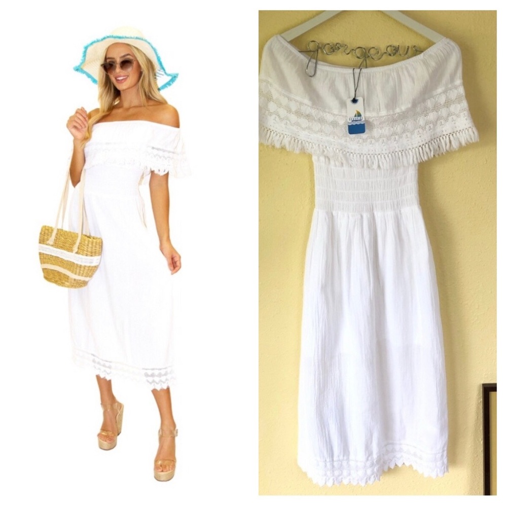 Cotton Sundress with Lace Detail Off Shoulder Dress S